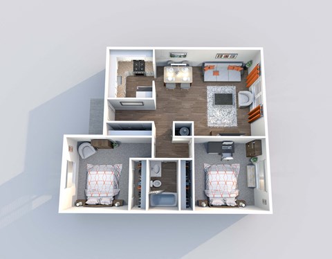 a 3d floor plan of a 3 bedroom apartment